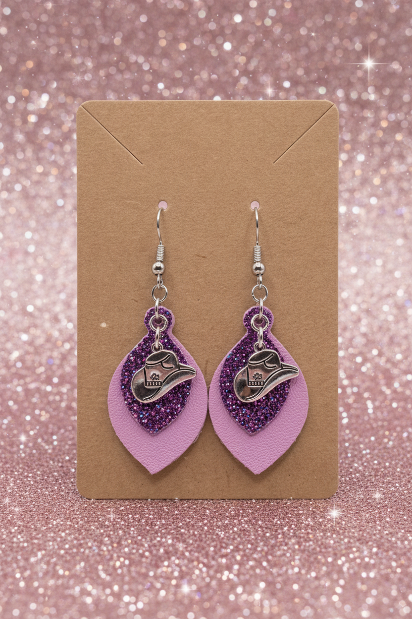 Lavender & Purple Glitter Western Cowgirl Hat Layered Earrings