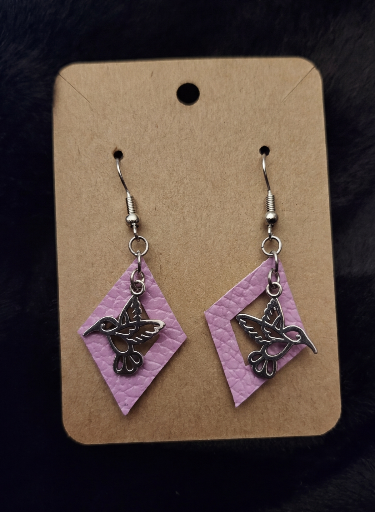 Lavender Faux Leather Diamond Hummingbird Dangle Earrings