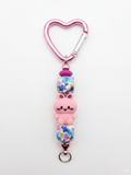 Sweet Pink Bunny Floral Beaded Keychain with Heart Carabiner