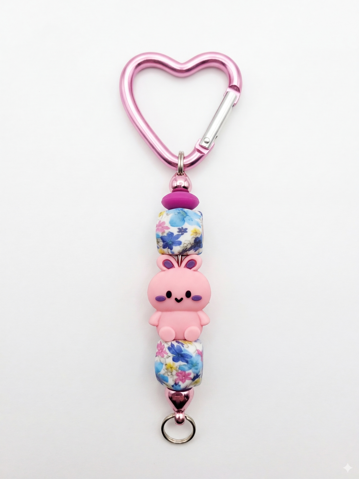 Sweet Pink Bunny Floral Beaded Keychain with Heart Carabiner