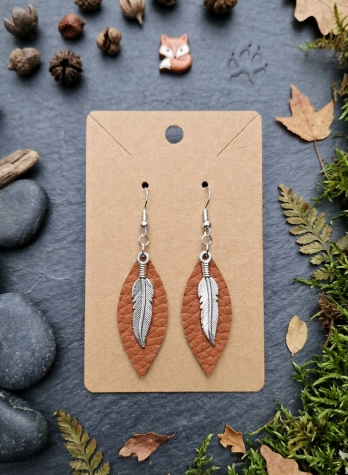 Earthy & Elegant: Layered Faux Leather Leaf & Silver Feather Drops!