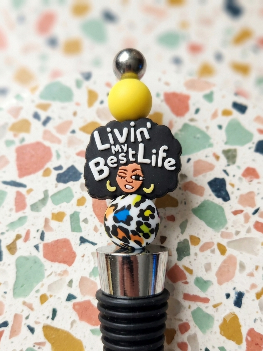 Livin' My Best Life Silicone Bead Wine Stopper | Leopard Print Beaded Bottle Stopper | Fun Wine Accessory Gift