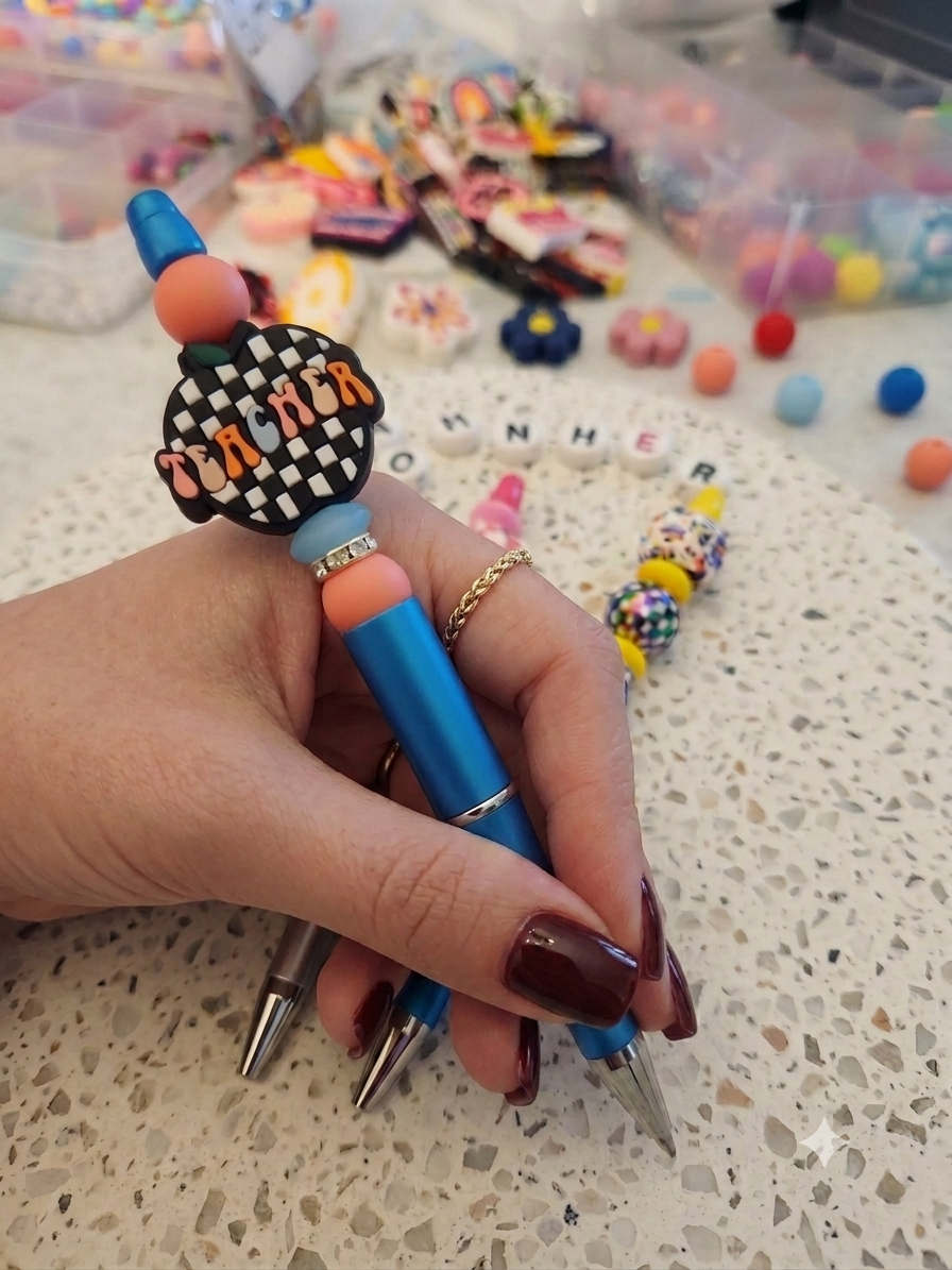 Handcrafted Silicone Beaded Pens | Teacher Apple, Good Vibes Flower, Disco Ball | Back to School Gifts