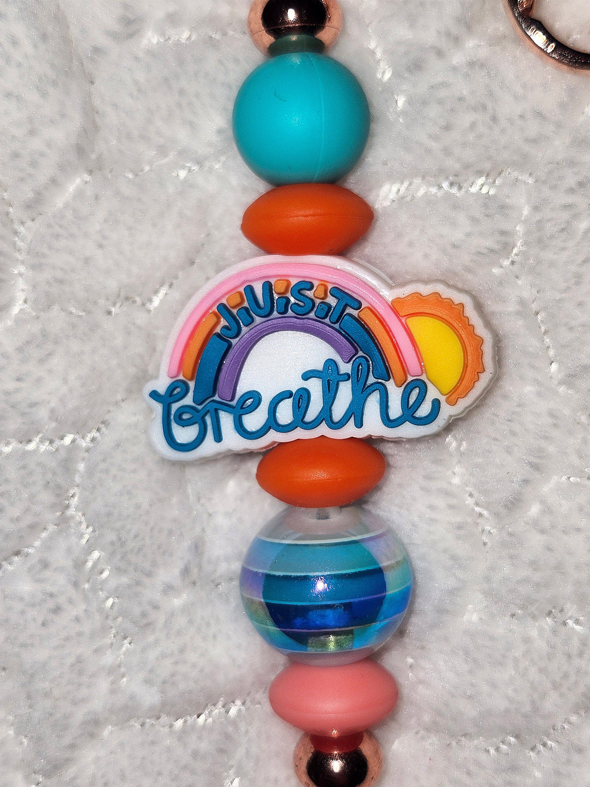 Just Breathe Rainbow Beaded Keychain | Rose Gold Heart Clip