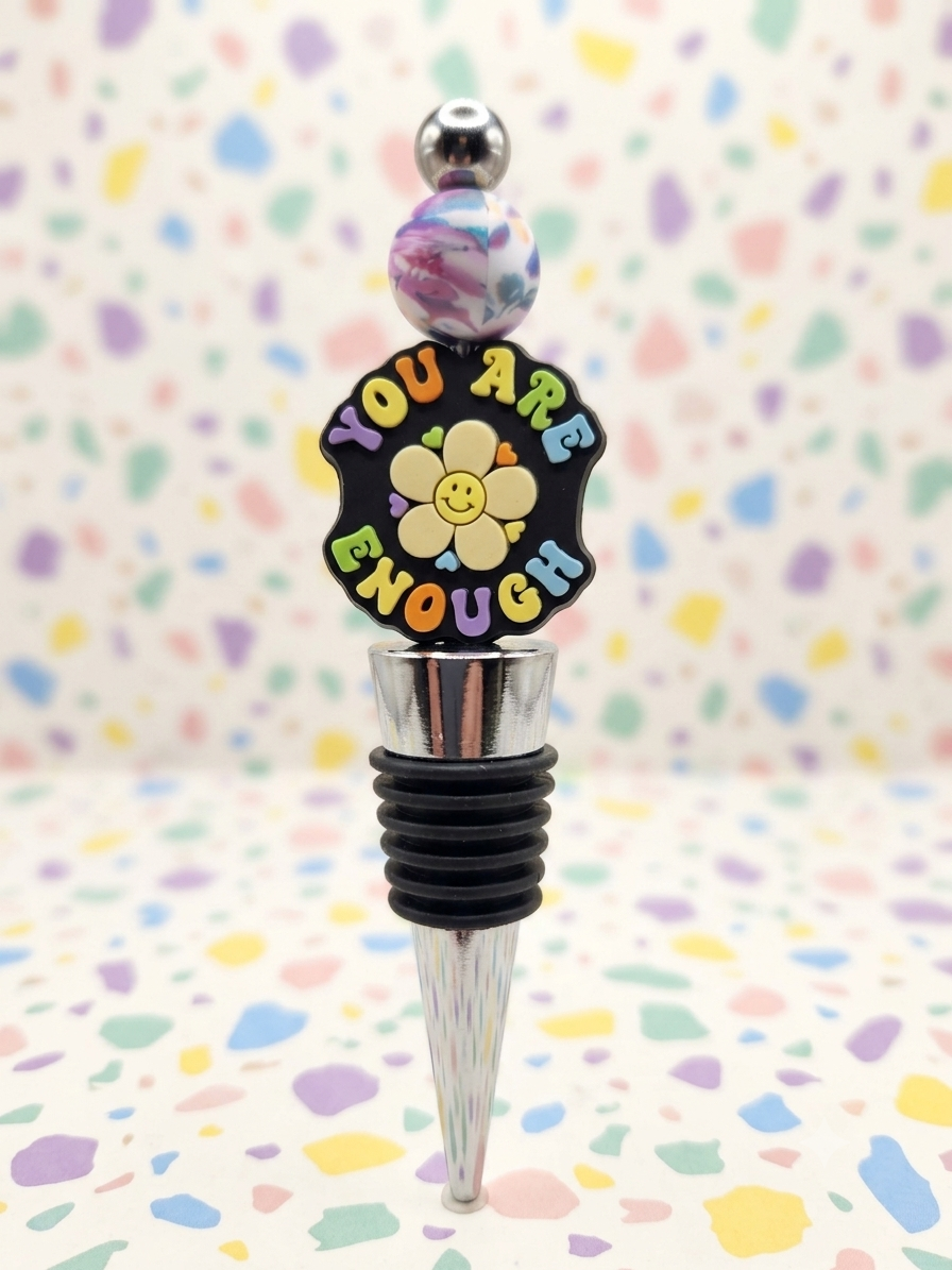 Inspirational Daisy Wine Stopper, "You Are Enough" Retro Smiley Face Bottle Plug, Cute Hostess Gift, Uplifting Wine Lover Gift for Her