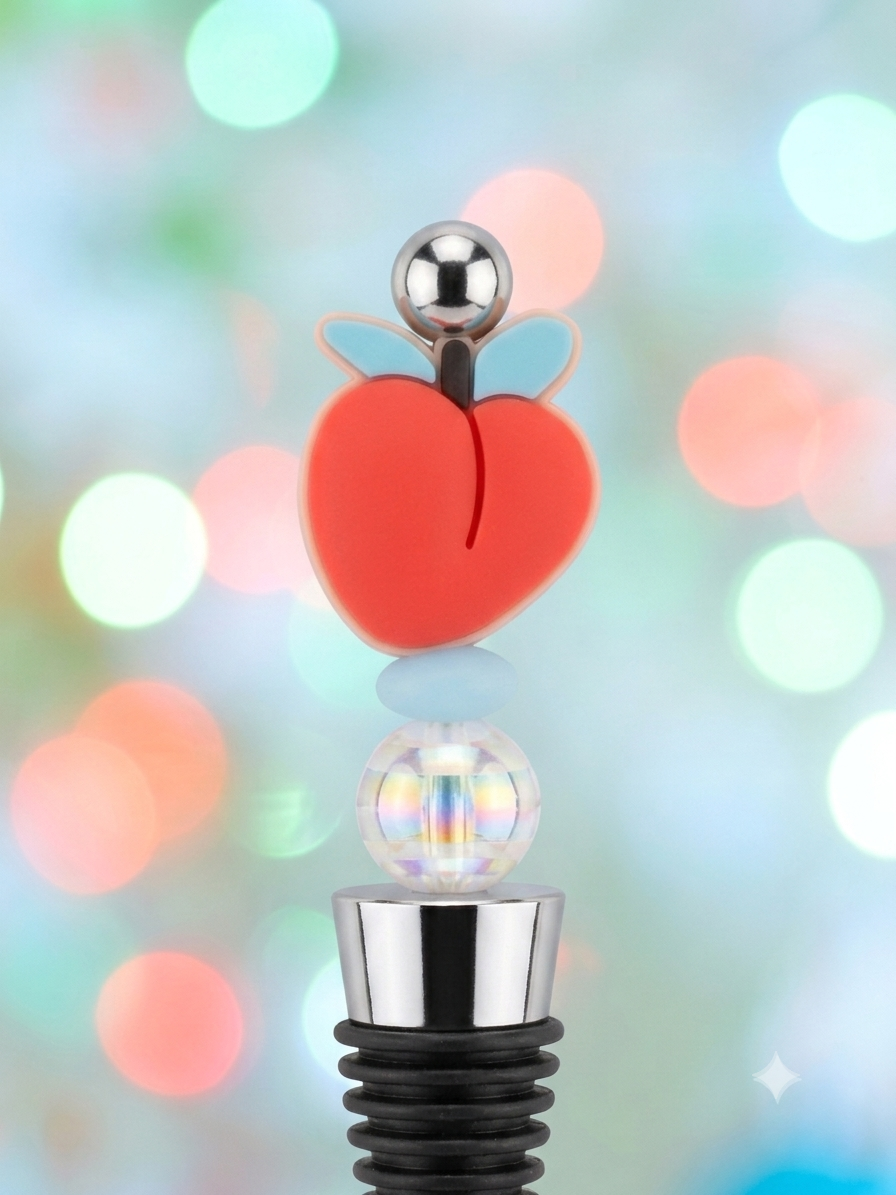 Cute Peach Silicone Charm Wine Stopper - Iridescent Aurora Borealis Bead - Fun Bar Accessory - Reusable Cocktail Lover Gift