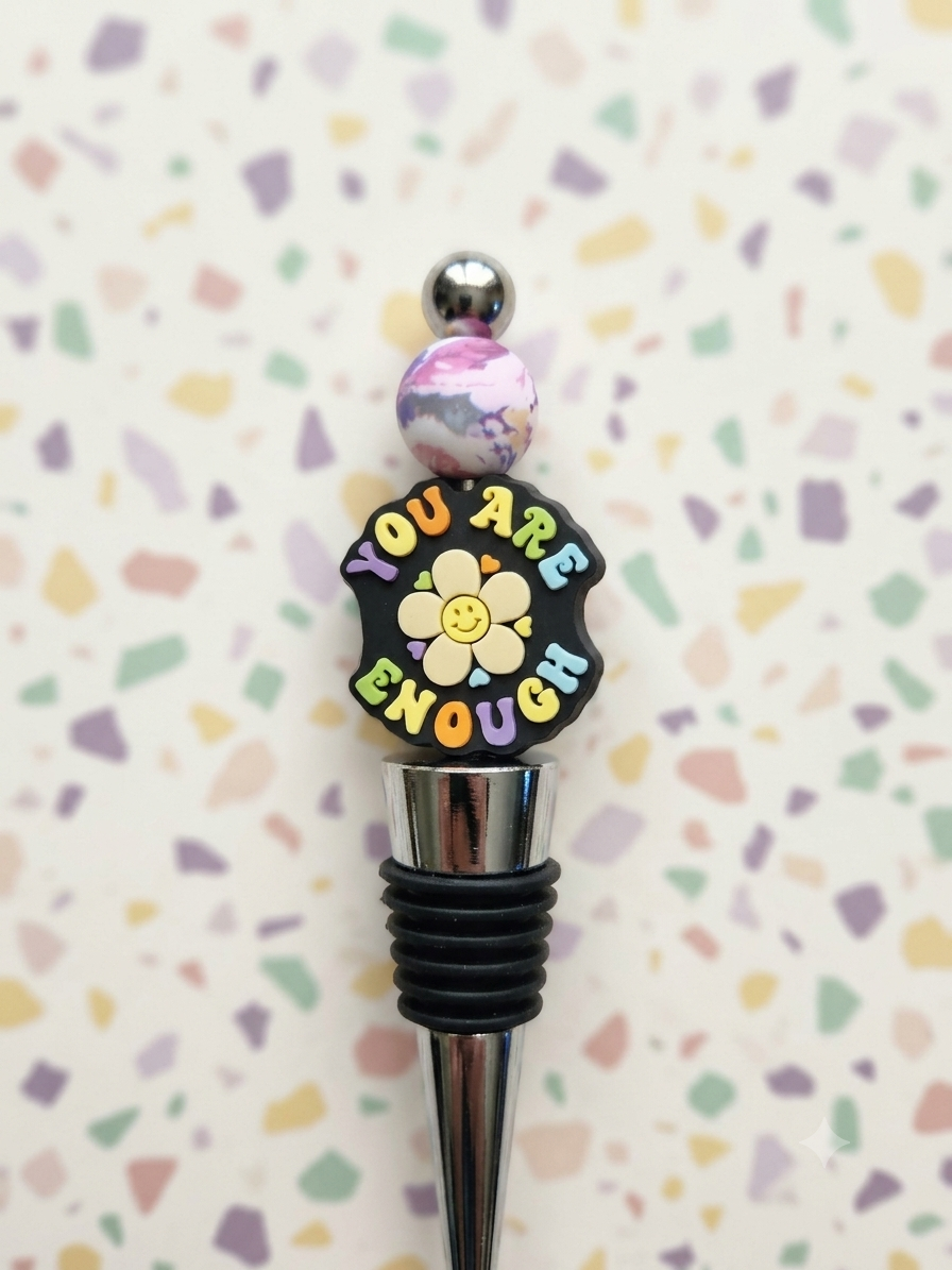 Inspirational Daisy Wine Stopper, "You Are Enough" Retro Smiley Face Bottle Plug, Cute Hostess Gift, Uplifting Wine Lover Gift for Her