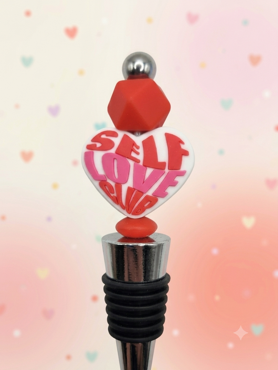 Retro Heart Wine Stopper | Self Love Club Beaded Bottle Plug | Red and Pink Fun Barware | Y2K Aesthetic Wine Saver | Positivity Gift