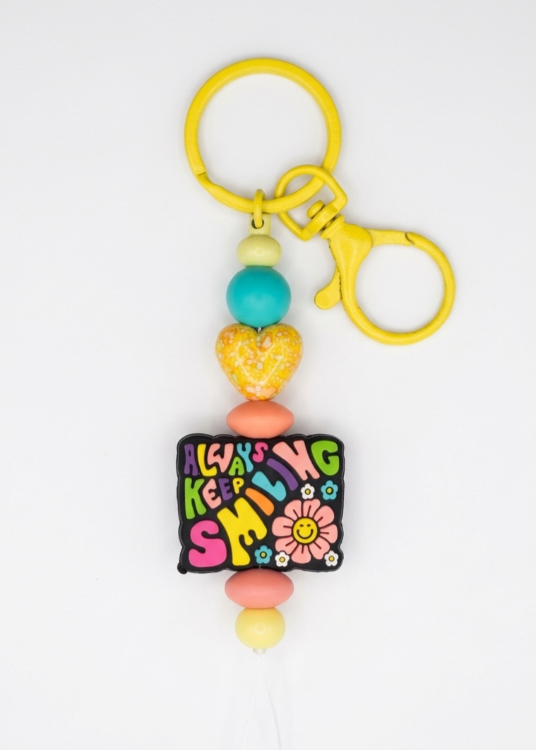 "Always Keep Smiling" Floral Charm Keychain – Bright Yellow Boho Bag Accessory