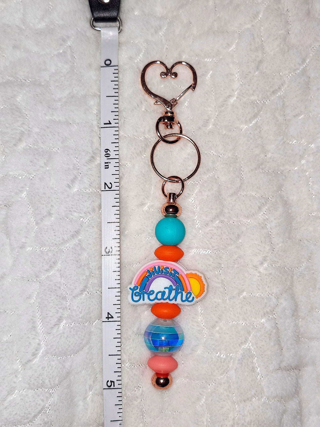 Just Breathe Rainbow Beaded Keychain | Rose Gold Heart Clip