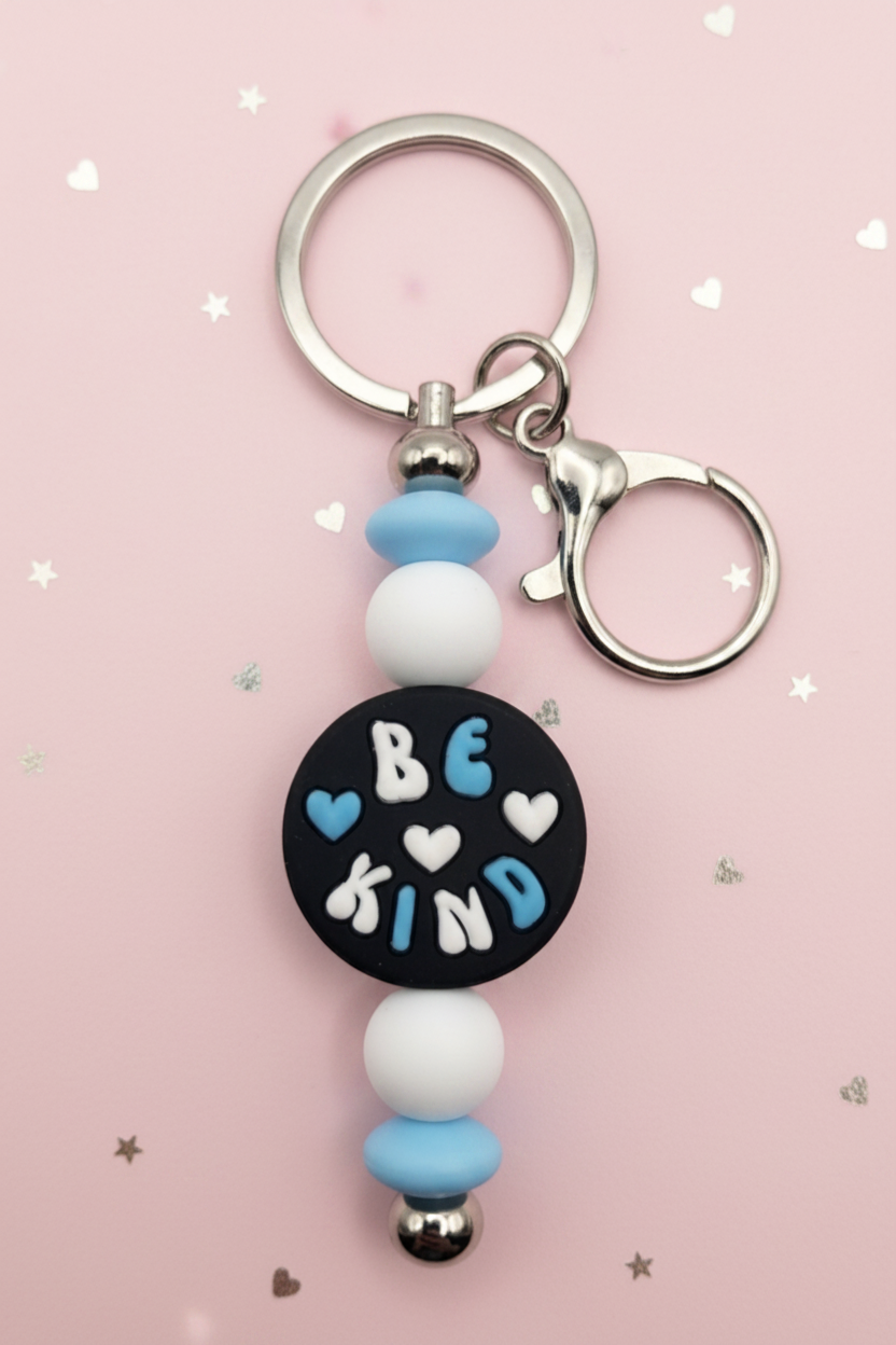 "Be Kind" Heart Keychain – Blue and White Silicone Bead Bag Accessory