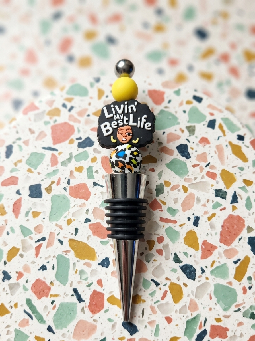 Livin' My Best Life Silicone Bead Wine Stopper | Leopard Print Beaded Bottle Stopper | Fun Wine Accessory Gift