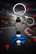 Checkered Flag Silicone Bead Keychain – Racing Style Blue Bow Bag Charm with Rhinestone Accents