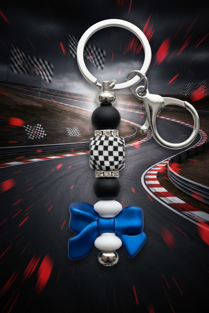 Checkered Flag Silicone Bead Keychain – Racing Style Blue Bow Bag Charm with Rhinestone Accents