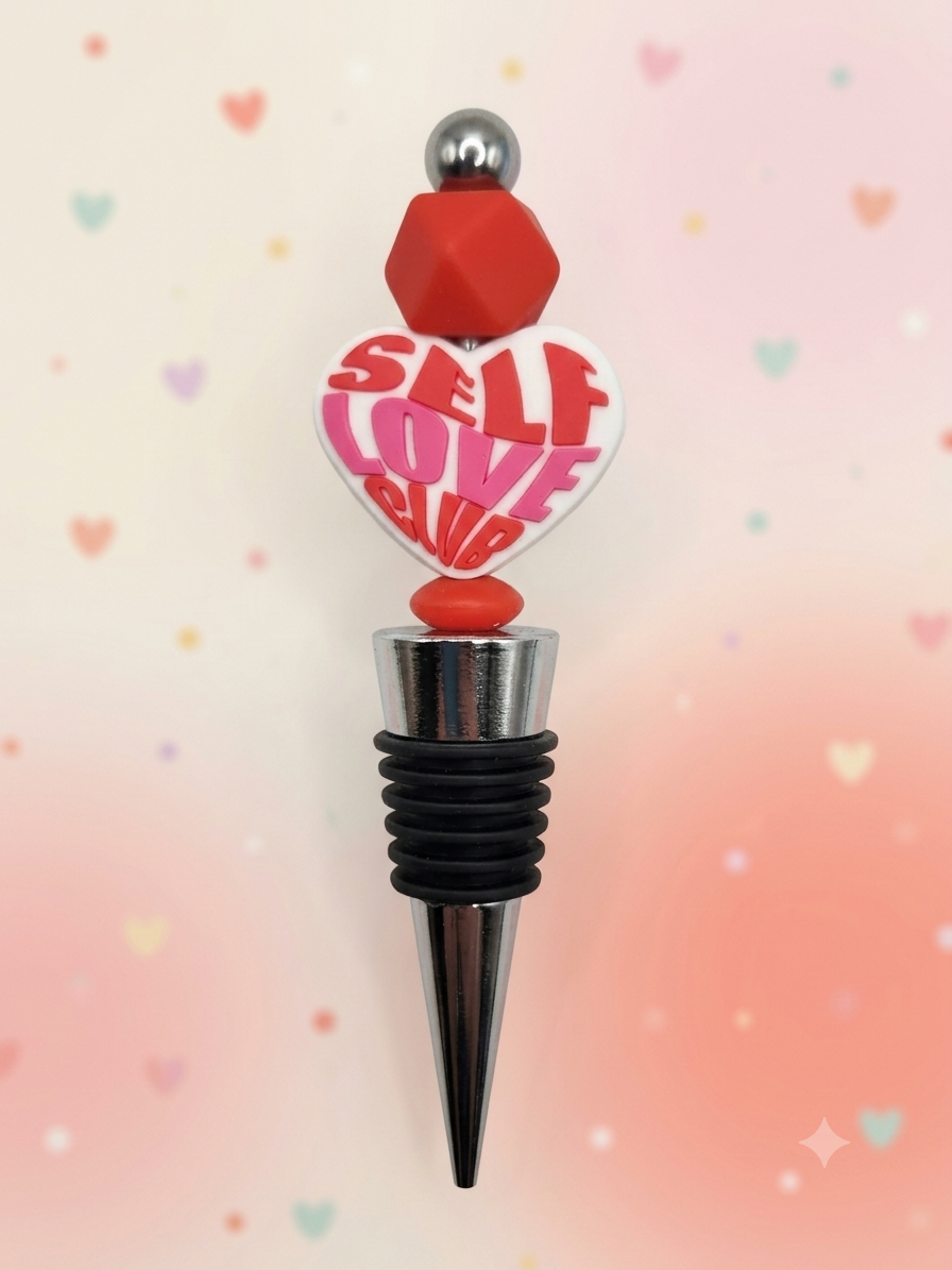 Retro Heart Wine Stopper | Self Love Club Beaded Bottle Plug | Red and Pink Fun Barware | Y2K Aesthetic Wine Saver | Positivity Gift