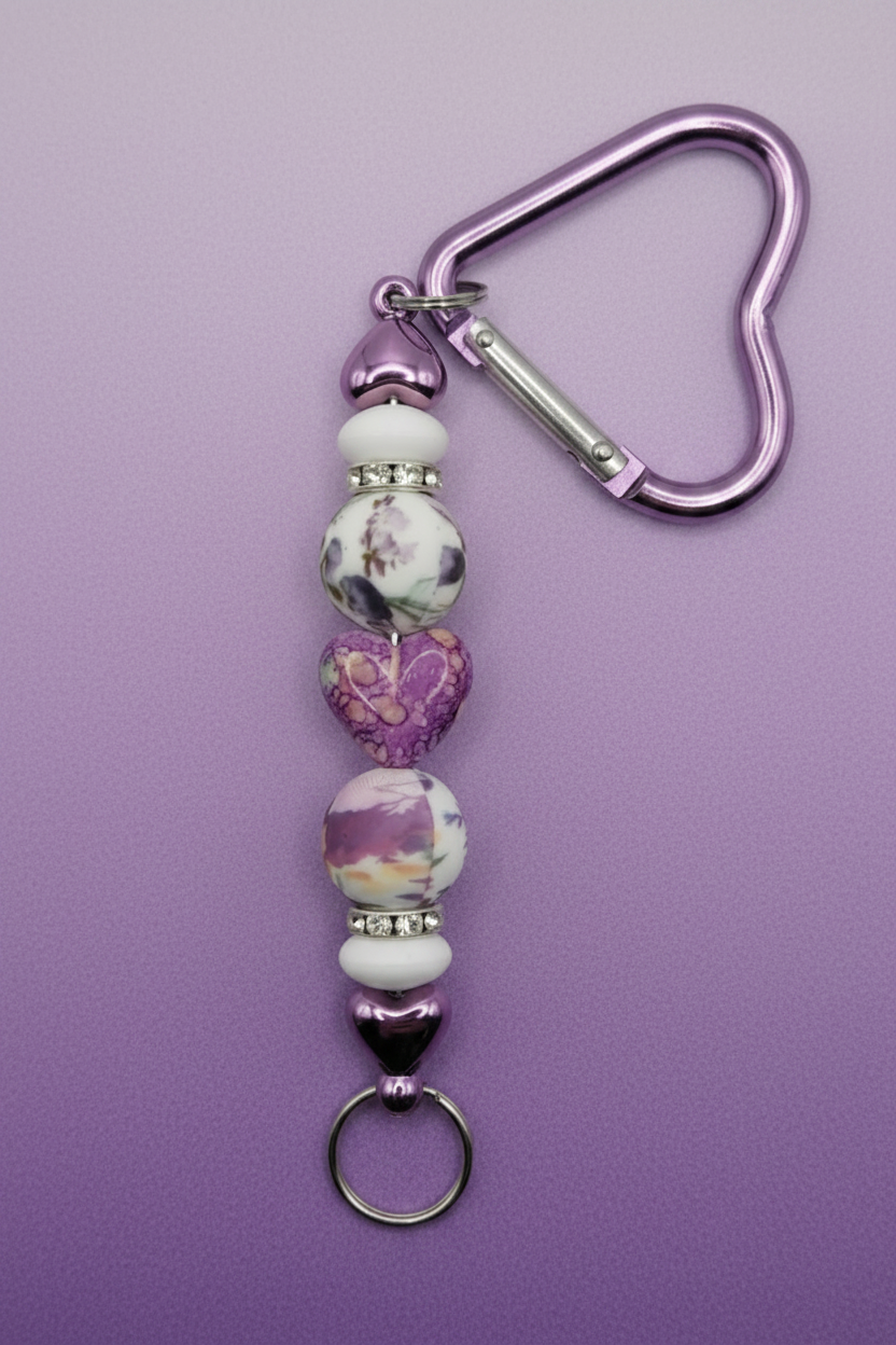 Purple Floral Heart Charm Beaded Carabiner Keychain