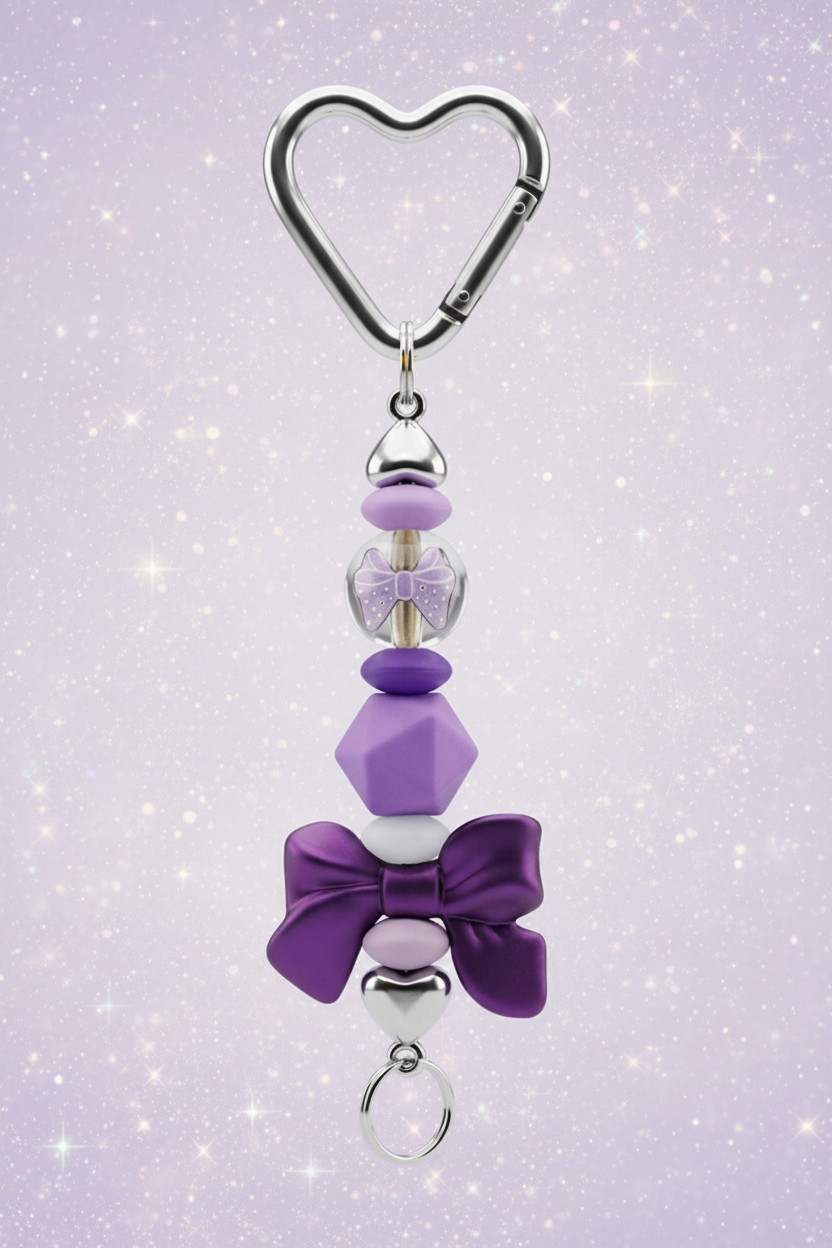 Purple Bow & Heart Charm Beaded Keychain