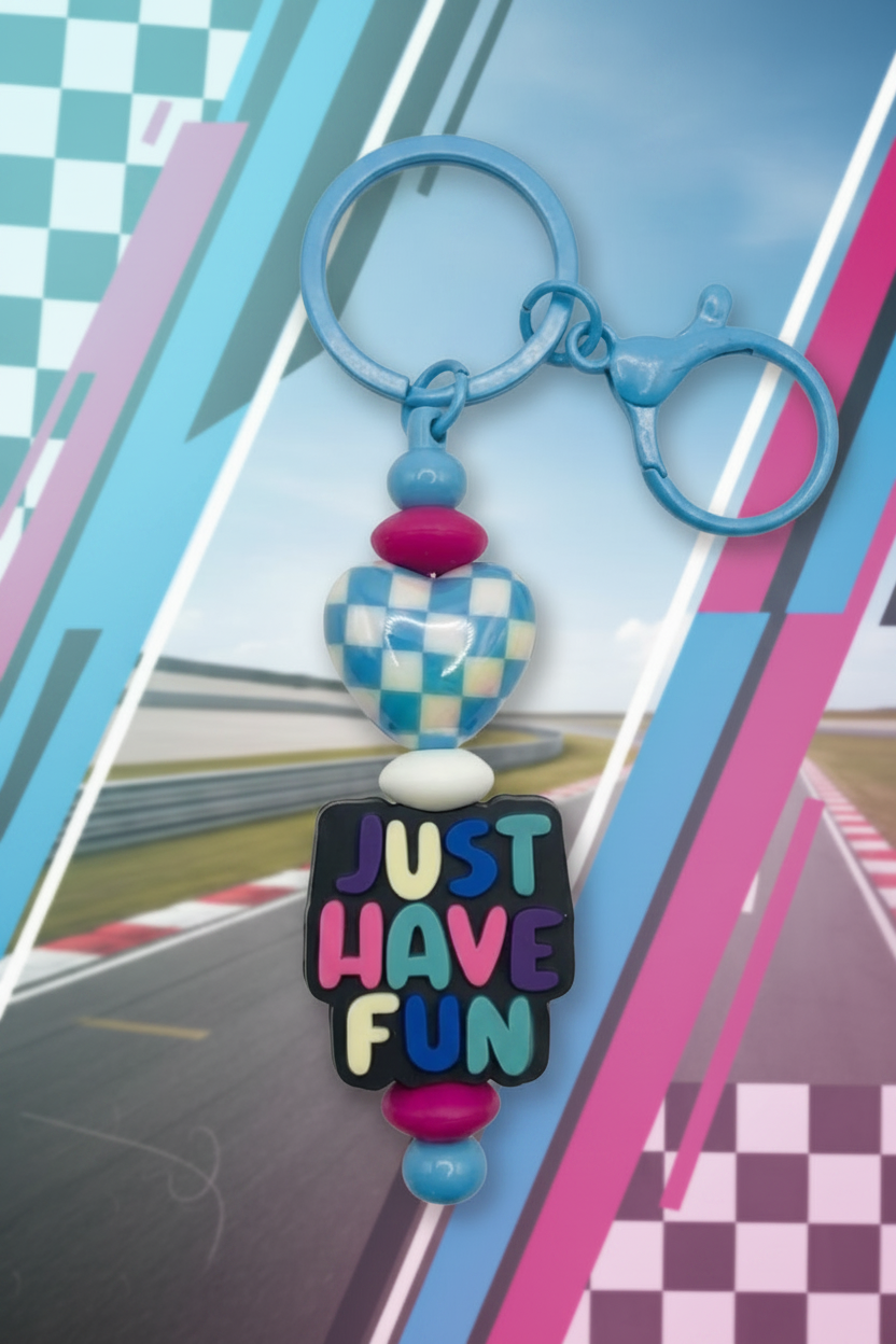 "Just Have Fun" Heart Keychain – Vibrant Blue & Pink Boho Bag Accessory