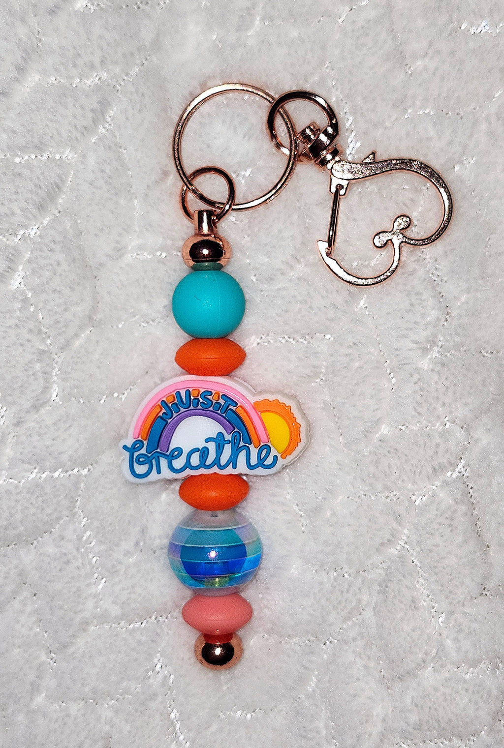 Just Breathe Rainbow Beaded Keychain | Rose Gold Heart Clip