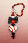 Game Day Style: Heart Baseball Keychain with Black Silicone Bow and Metallic Red Heart Clip