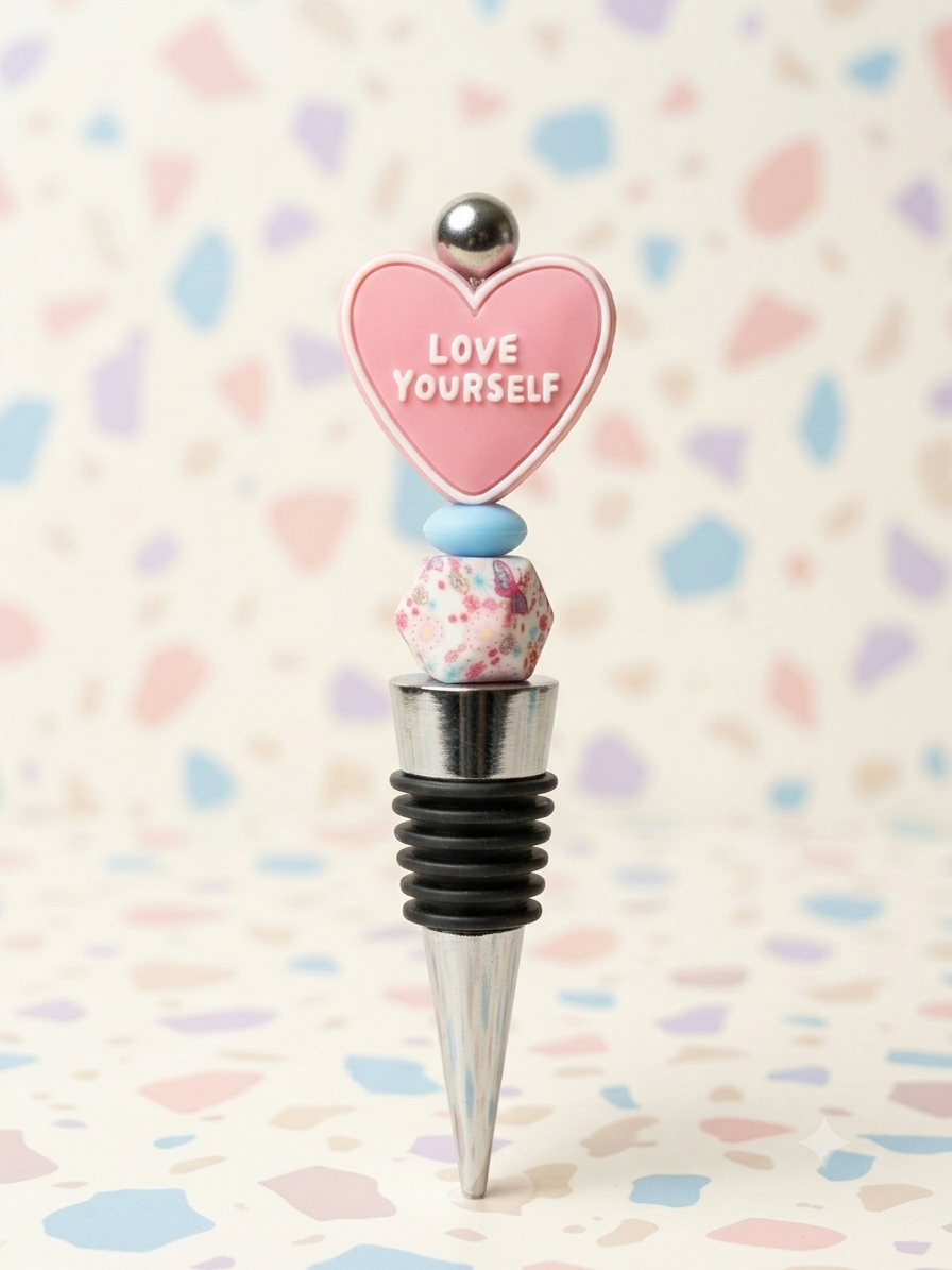 Love Yourself Pink Heart Silicone Bead Wine Stopper | Floral Beaded Bottle Stopper | Self Care Wine Accessory Gift