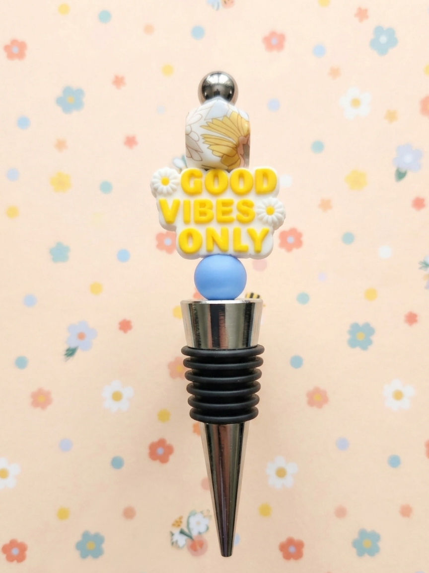 Good Vibes Only Beaded Wine Stopper, Boho Floral Bottle Stopper, Fun Retro Barware, Silicone Wine Plug, Unique Hostess Gift