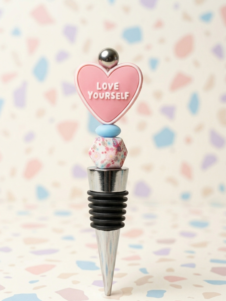 Love Yourself Pink Heart Silicone Bead Wine Stopper | Floral Beaded Bottle Stopper | Self Care Wine Accessory Gift