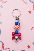 Red & Blue Checkerboard Heart & Bow Beaded Keychain Bag Charm