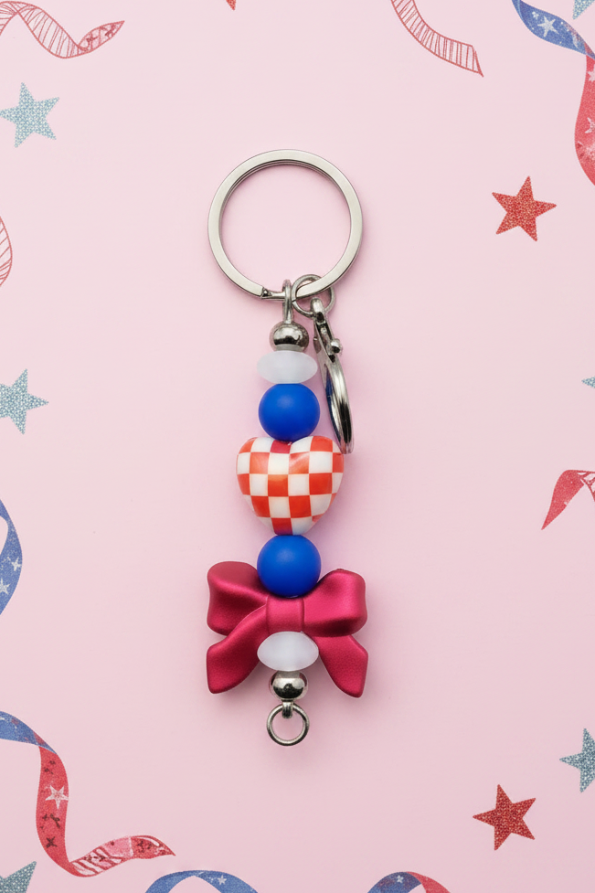 Red & Blue Checkerboard Heart & Bow Beaded Keychain Bag Charm