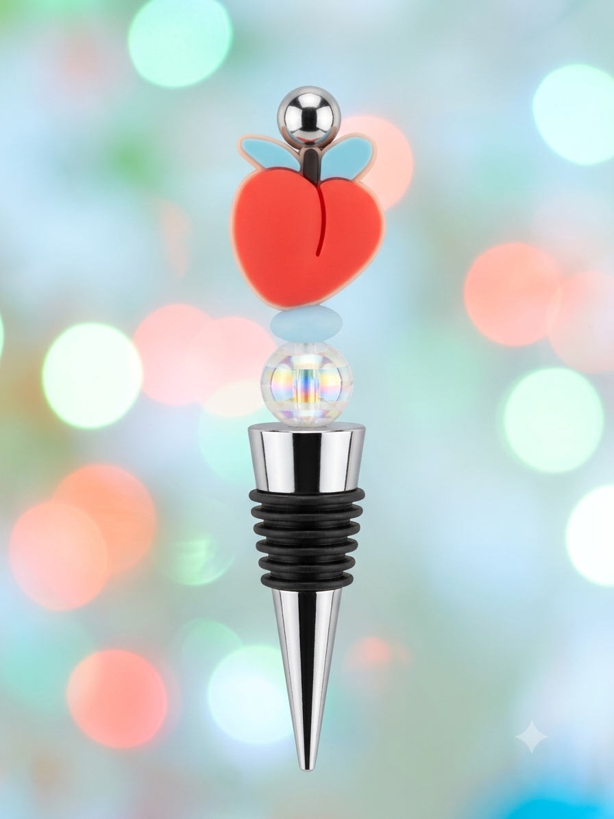 Cute Peach Silicone Charm Wine Stopper - Iridescent Aurora Borealis Bead - Fun Bar Accessory - Reusable Cocktail Lover Gift
