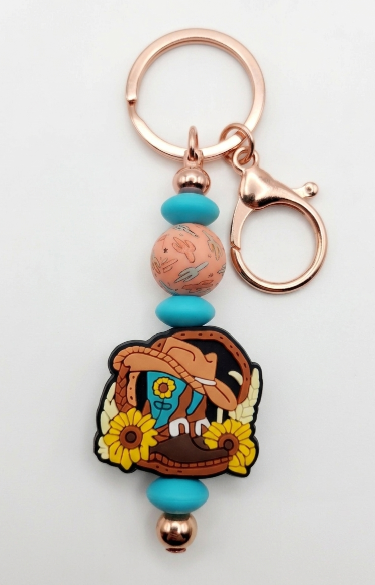 Western Cowboy Boot & Sunflower Rose Gold Beaded Keychain